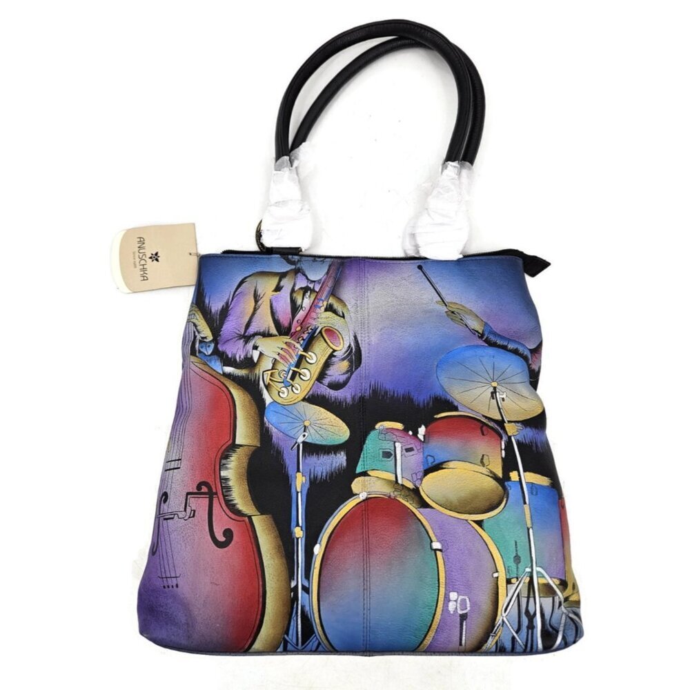 New Anuschka Jazz Trio Large Leather Shopper Tote Handpainted Purse Shoulder Bag - Picture 1 of 6